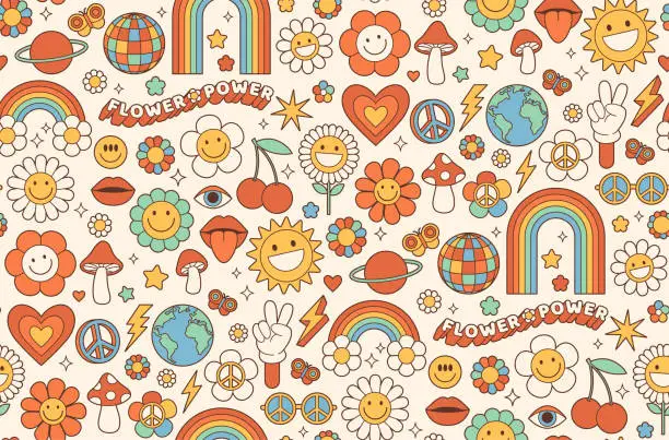 Vector illustration of Groovy hippie 1970s background. Funny cartoon flower, rainbow, peace, Love, heart, daisy, mushroom.