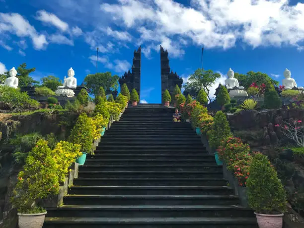 Beautiful Landscape Stairway To The Gate Of Buddhist Temple Garden Park On A Sunny Day, Brahmavihara-arama, Bali, Indonesia
