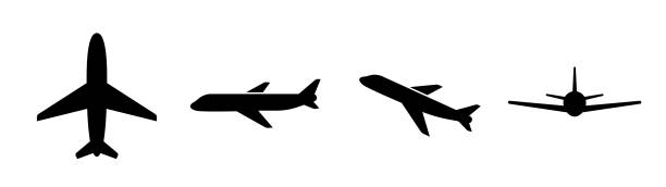 Four different airplane silhouette icons Front view, side view and top view. plane stock illustrations
