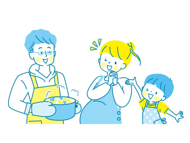 ilustrações, clipart, desenhos animados e ícones de ilustração de pai e criança cozinhando para a mãe grávida - baby boys clothing hospital simplicity