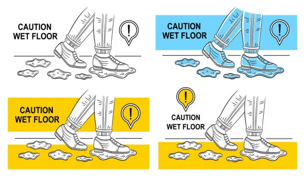 Vector illustration of Wet slippery floor caution, danger human feet slip walking on clean washed room flooring surface icon set. Man legs in shoes step on water drops, puddle indoor. Warning sign. Fall injury risk. Vector
