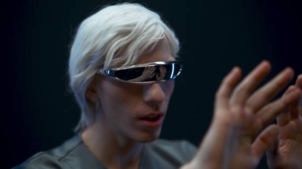 istock Impressed vr headset man enjoying augmented reality closeup. Gamer touching arms 1456936377