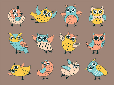 Owl characters. Funny decorative birds with stylized feathers recent vector cute pictures in boho style. Illustration of owl cute, funny character cartoon animal