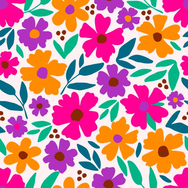 밝은 꽃 벡터 완벽 한 패턴입니다. 보라색, 주황색, 분홍색 꽃, 흰색 배경에 녹색 잎. 직물, 섬유 제품, 의류의 인쇄물. - flower backgrounds tile floral pattern stock illustrations