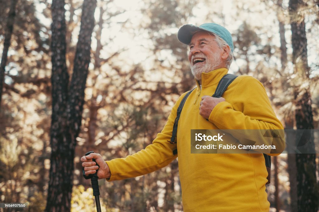 Head shot portrait close up of middle age caucasian man walking and enjoying nature in the middle of trees in forest. Old mature male wearing glasses trekking and discovering. Walking Stock Photo