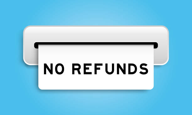 White coupon banner with word no refunds from machine on blue color background White coupon banner with word no refunds from machine on blue color background refundable stock illustrations
