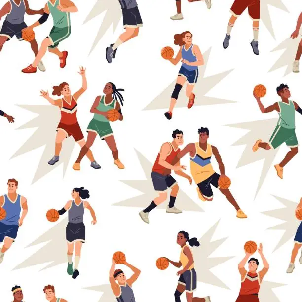 Vector illustration of Basketball seamless pattern. Cartoon sport players characters, professional athletes in playing process with orange ball. Decor textile, wrapping paper, wallpaper, tidy vector background