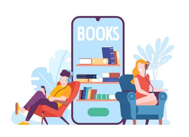 Vector illustration of Boy and girl listening to audiobooks through headset. Book reading smartphone application. Digital bookcase. People enjoying of literature. Mobile screen. Network library. Vector concept