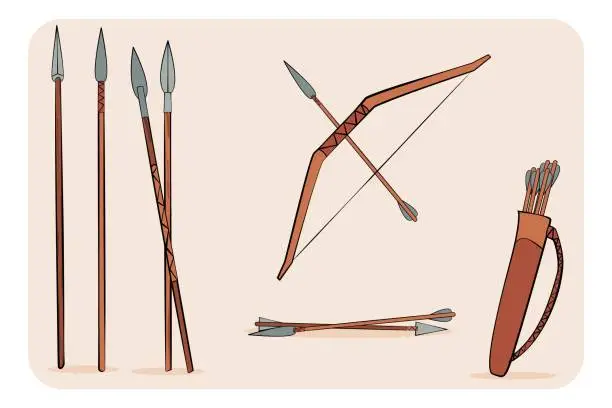 Vector illustration of Set of vector medieval weapon. Spear, bow and arrow with quiver. Flat cartoon design. Video game and animation props.