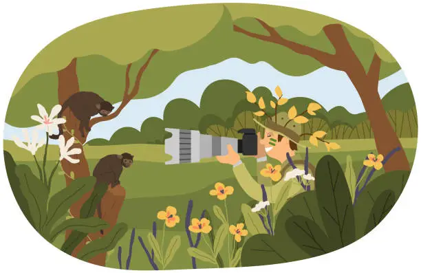 Vector illustration of Photojournalis waiting for shot t with camera in bushes. Photographer taking pictures of monkeys