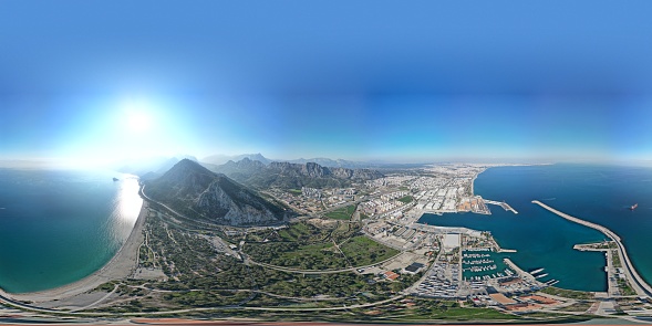 360 degree photo of antalya city, taken from the air with drone. Marina, sea and mountains.