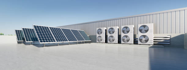 istock 3d rendering of photovoltaic cell on solar panel, condenser unit or compressor on rooftop. Eco building with system technology for future. To generate electrical power or direct current electricity. 1456941815