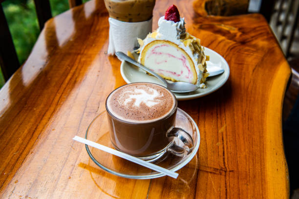 istock Hot chocolate with almond ice cream cake background 1456952343