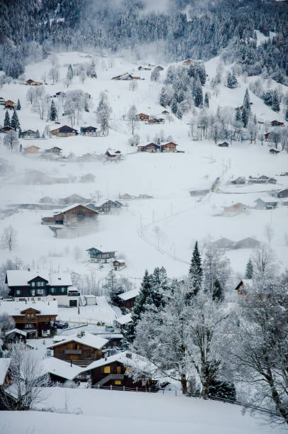 vista aérea de picos nevados sobre los tradicionales alpes chalets de madera en grindelwald, suiza - village switzerland landscape swiss culture fotografías e imágenes de stock