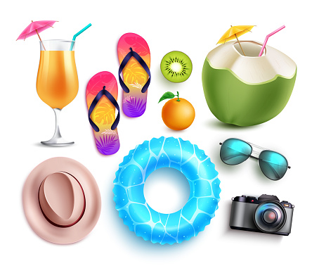Summer element vector set. Summer 3d object like floater, camera and coconut juice isolated in white background. Vector illustration tropical elements collection.