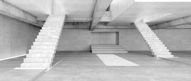 istock Modern concrete room space, floor, wall and stair are concrete structures. Empty room with wall background. Light and shadow on ground. Concept industrial space and warehouse structure. 3d rendering 1456959393