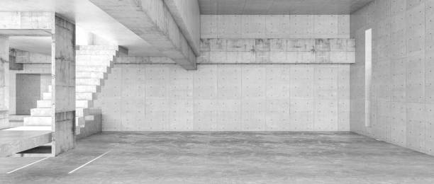 Modern concrete room space, floor, wall and stair are concrete structures. Empty room with wall background. Light and shadow on ground. Concept industrial space and warehouse structure. 3d rendering el espacio moderno de la sala de concreto, el piso, la pared y la escalera son estructuras de concreto. habitación vacía con fondo de pared. luz y sombra en el suelo. concepto de espacio industrial y estructura de almacén. renderizado 3d