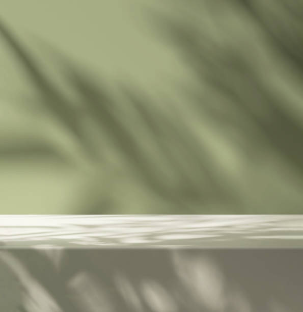 moderno, mínimo tablero de mármol blanco vacío, a la luz del sol moteado, sombra de hojas en la pared verde pastel - dappled light tree leaf fotografías e imágenes de stock