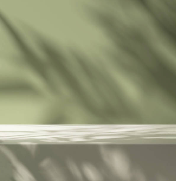 istock Modern, minimal empty white marble counter table top, in dappled sunlight, leaf shadow on pastel green wall 1456962557