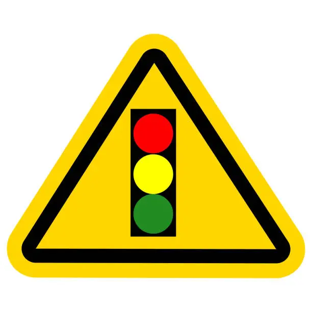 Vector illustration of Trafic light icon  with yellow triangle sign.  Isolated on white background.