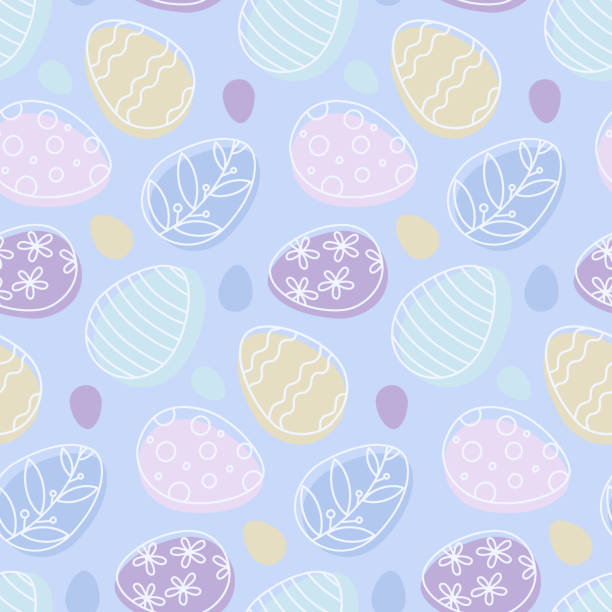 부활절 달걀 보라색 배경에 색칠된 화려한 달걀이 있는 매끄러운 패턴 - decoration eggs leaf easter stock illustrations