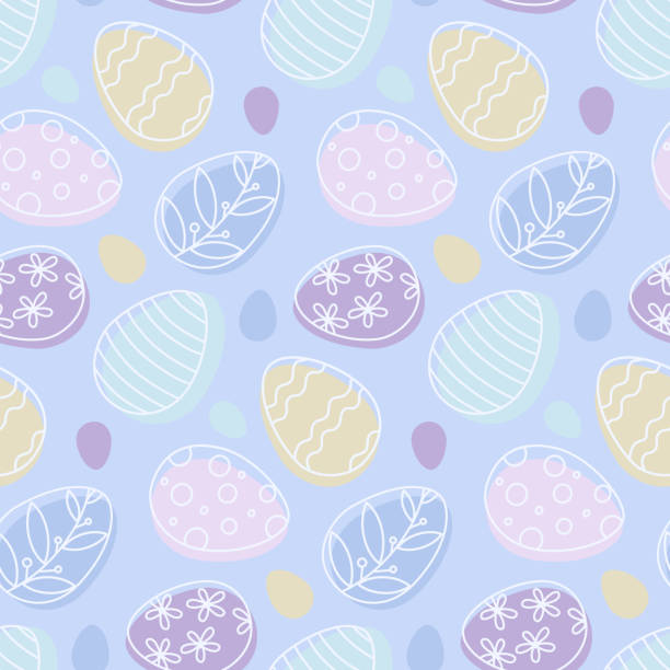 ilustrações de stock, clip art, desenhos animados e ícones de easter eggs seamless pattern with colored ornate eggs on purple background - decoration eggs leaf easter