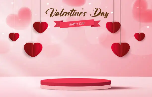 Vector illustration of Pink podium display background products for valentine’s day in love platform. stand to show cosmetic with craft style. symbols of love for happy. vector design.