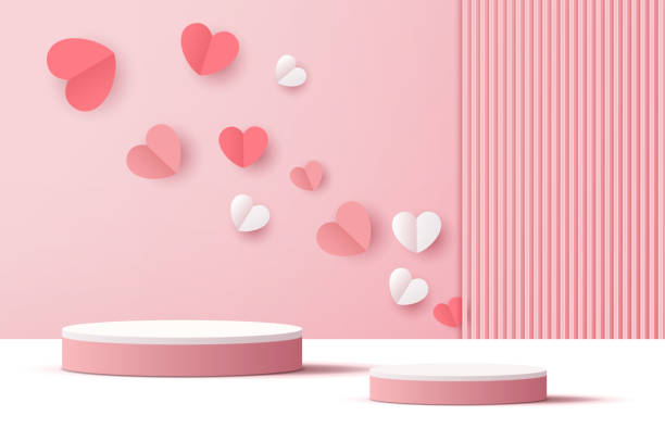 istock Pink podium display background products for valentine’s day in love platform. stand to show cosmetic with craft style. symbols of love for happy. vector design. 1456967948