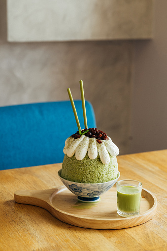 Shaved ice with matcha green tea - Japanese traditional sweets shaved ice.