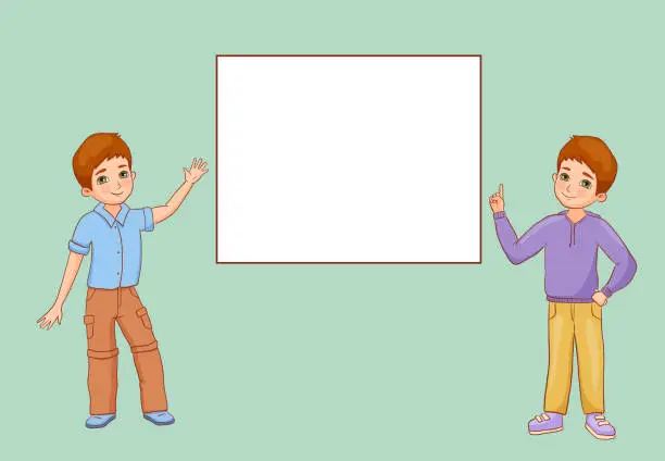 Vector illustration of Little boys standing about blank board pointing finger and waving hand. Happy Kids with empty banner. Vector flat illustration