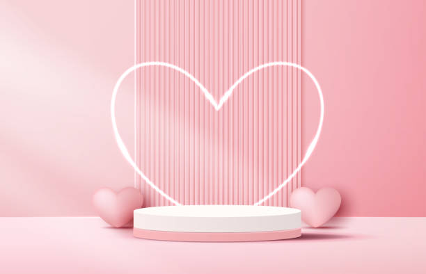 istock Pink podium display background products for valentine’s day in love platform. stand to show cosmetic with craft style. symbols of love for happy. vector design. 1456973555