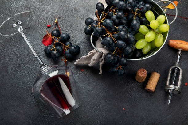 istock Bottle of red wine with a corkscrew. On a dark background. 1456977631