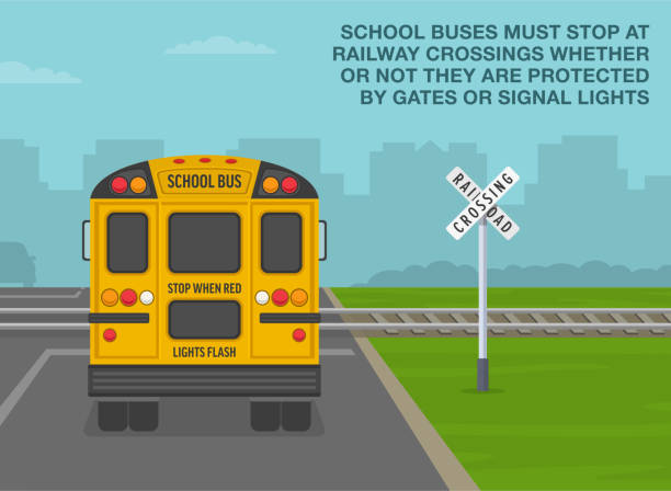 ilustrações de stock, clip art, desenhos animados e ícones de school buses must stop at railway crossings. back view of a yellow school bus stopped at level crossing. - driving school flash