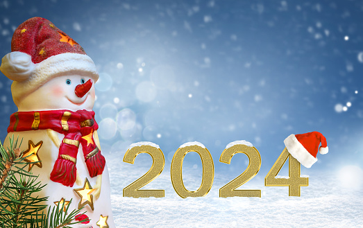 New Year 2024 background with golden numbers and Snowman on beautiful new year snowy background. Banner, greeting card 2024.