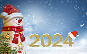New Year 2024 greeting card on snowy background