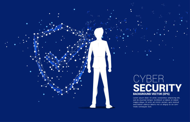 istock Vector Silhouette of businessman with Protection shield icon from dot connect line polygon network. concept of guard security and safety 1456979429