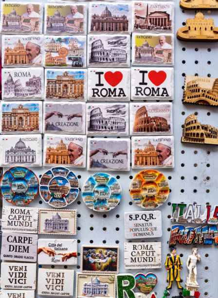 Collection of magnets to sell to tourists. Different kind of magnets stock photo