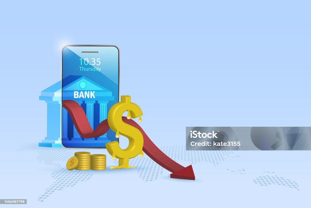 US dollar sign melting with drop down graph on mobile banking. Money lost in currency exchange and economic recession. - Royalty-free Kosten - Begrippen vectorkunst