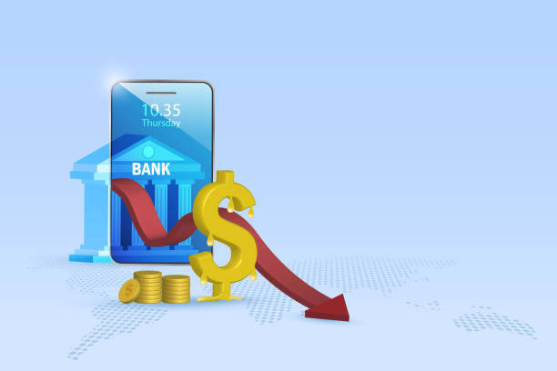stockillustraties, clipart, cartoons en iconen met us dollar sign melting with drop down graph on mobile banking. money lost in currency exchange and economic recession. - lost phone