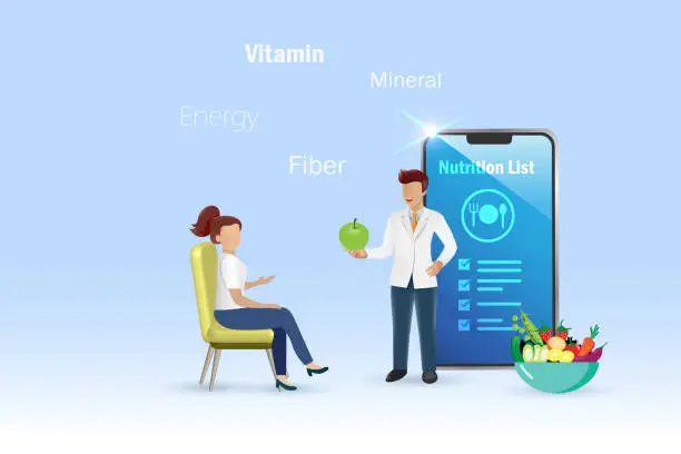 Vector illustration of Nutritionist doctor suggest healthy  nutrition foods and diet control plan to woman on smartphone. Weight loss program service business in digital technology.