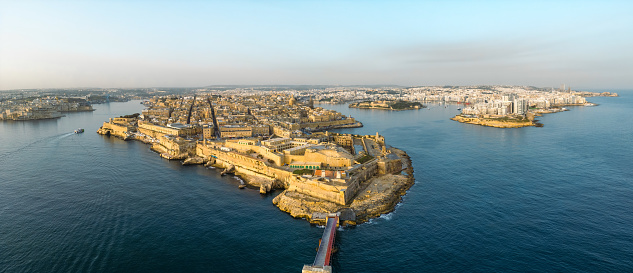 The capital city of Valletta, Malta, seen from above at sunrise.