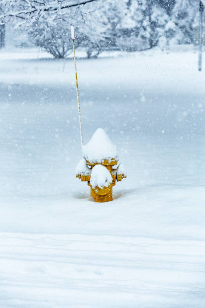 A yellow fire hydrant with a tall red locator flag is buried under deep snow at the edge of a suburban residential district street during a very heavy February blizzard storm.
