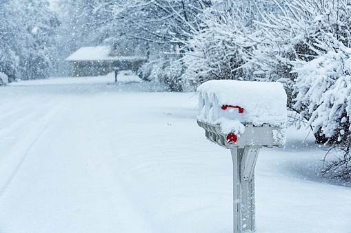 Merry christmas and happy new year greeting background with table .Winter landscape with fir tree branch