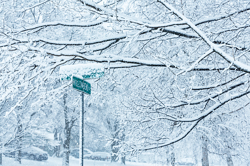 Residential district road intersection blizzard storm street name signs covered in snow in winter wonderland suburbia.