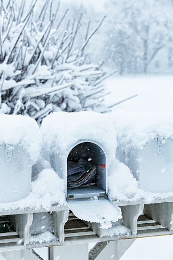 The middle one of these three blizzard snow storm RFD (rural free delivery) roadside mailboxes at the edge of a residential district neighborhood street is open. It's stuffed full of mail ready to be taken from the mailbox.