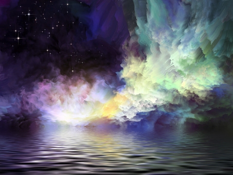 dramatic clouds reflected in water, digital painting