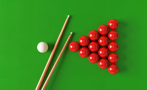 Snooker Concept - Pool Cue and Pool Balls On Green Pool Table