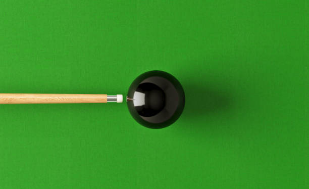 Pool, snooker or billiard game concept. White billiard ball is lying on a green billiard table, aiming at other colored billiard balls in a triangle shape. 3d render.