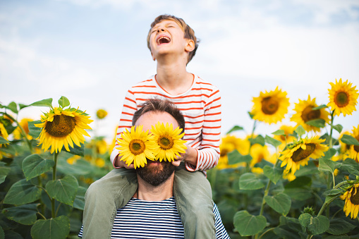 Father and son having fun at sunflower field