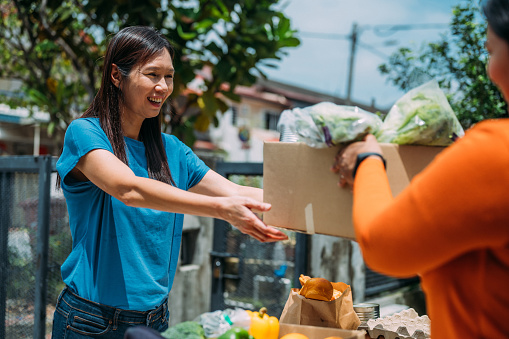 Cheerful Asian adult female volunteer accepts food donation during community food drive